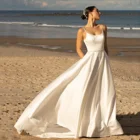 Атласные свадебные платья на бретелях-спагетти, элегантное белое свадебное платье с карманами, свадебное платье 2021, украшение со стразами, свадебное платье