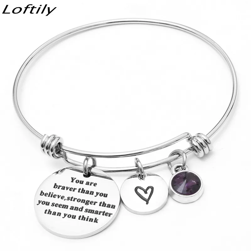 Женский браслет с регулируемыми буквами и камнями рождения из нержавеющей стали "Вдохновение, мужество и дружеские узы"