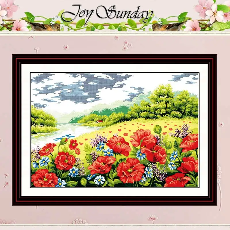 

Poppy garden scenery counted Cross Stitch 11CT 14CT Cross Stitch Sets wholesale Chinese Cross-stitch Kits Embroidery Needlework