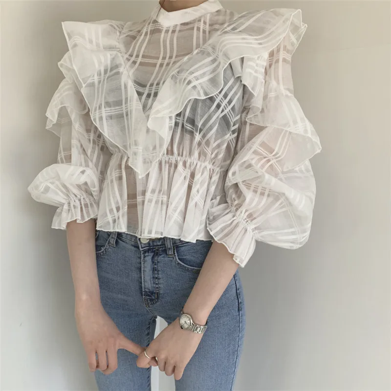

2021 Summer Retro Sweet Ruffles Blouse Plaid Micro Transparent Lantern Sleeve Three Quarter Sleeve Chiffon Shirt Female