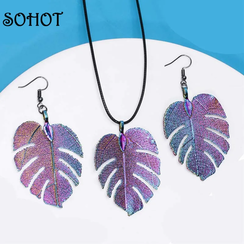 SOHOT богемный Красочный кулон из сплава с листьями монстеры Женский комплект