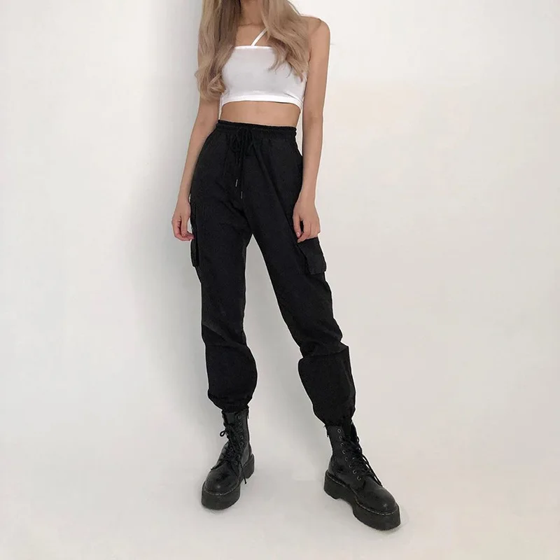 

WEPBEL Women Cargo Pants Unisex Hip Hop Trousers BF Harajuku Joggers Drawstring High Waist Overalls Loose Casual Pants