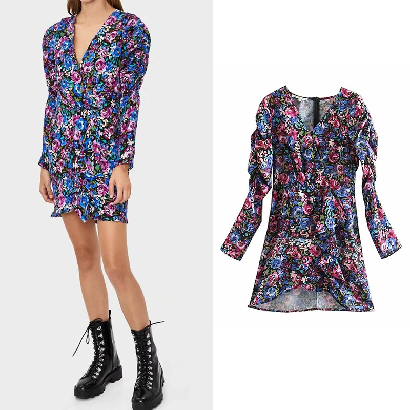 Женское плиссированное платье za винтажное мини с цветочным принтом и v образным