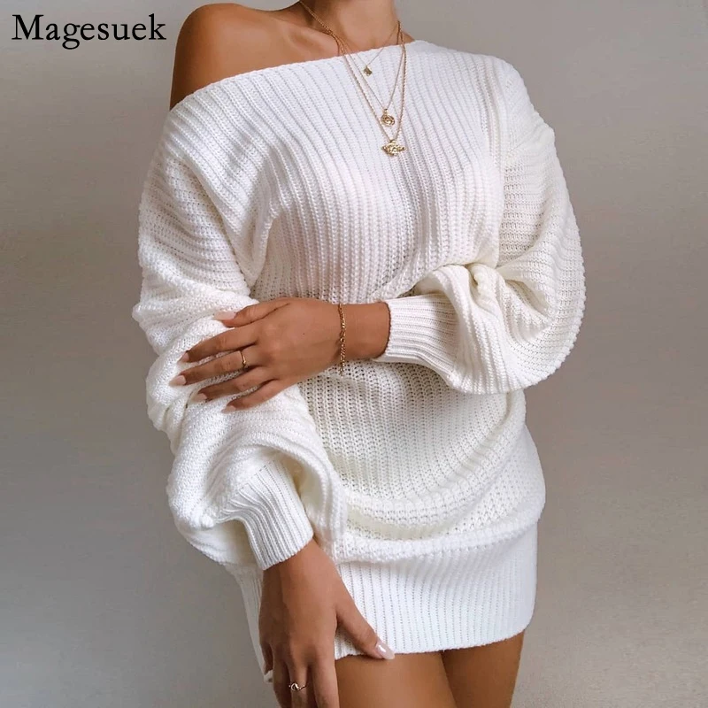 

Женское трикотажное платье-свитер, Повседневное платье-свитер с открытыми плечами и рукавами-фонариками, модель 18045 на осень и зиму