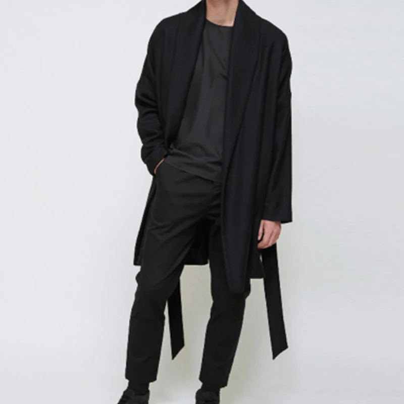 Осень-зима 2019 утепленный длинный черный кардиган шерстяное пальто куртка с