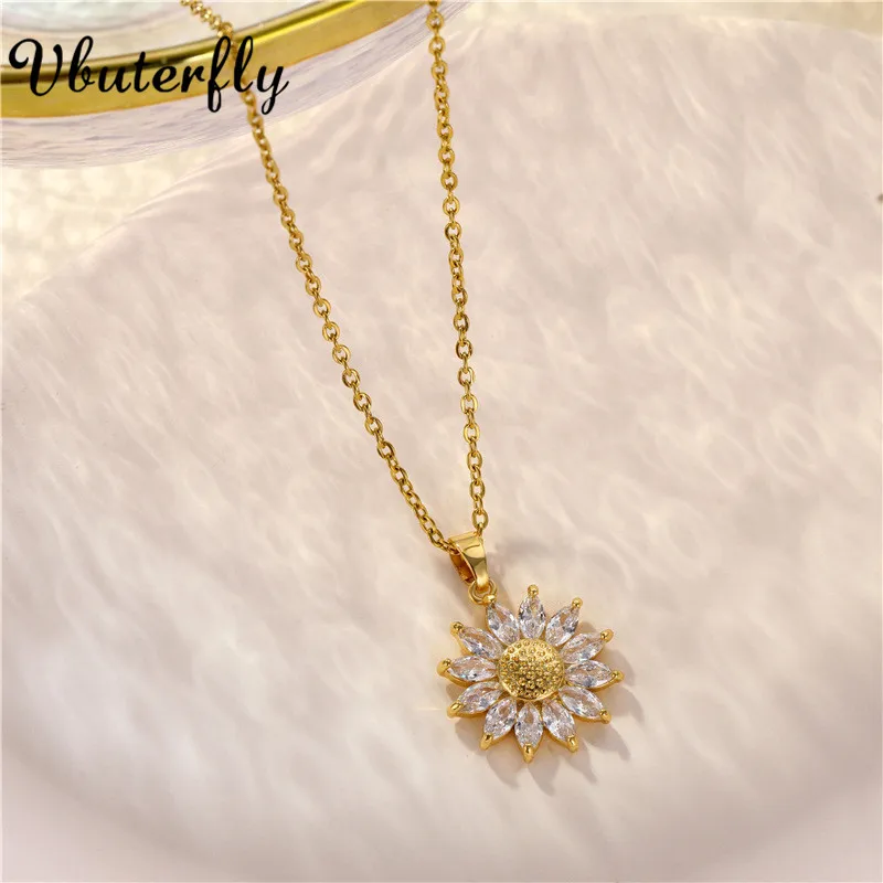 

Gold-Plated CZ Sunflower Necklace For Women Valentine's Day of Gifts ''You Are My Sunshine'' Titanium Steel Chain Sunflower #HG2