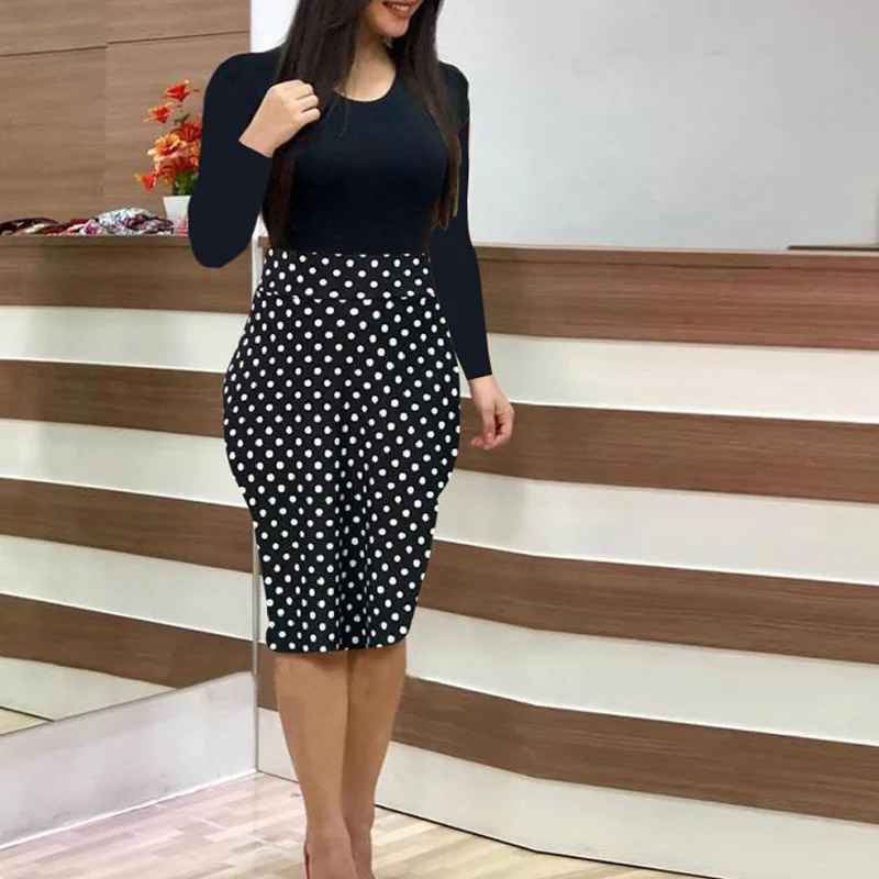 

Bodycon Dress Spring Summer Floral Dot Print Patchwork Package Hip Mid-Length Dress Women Sexy Casual Long Sleeve Pencil Dresses