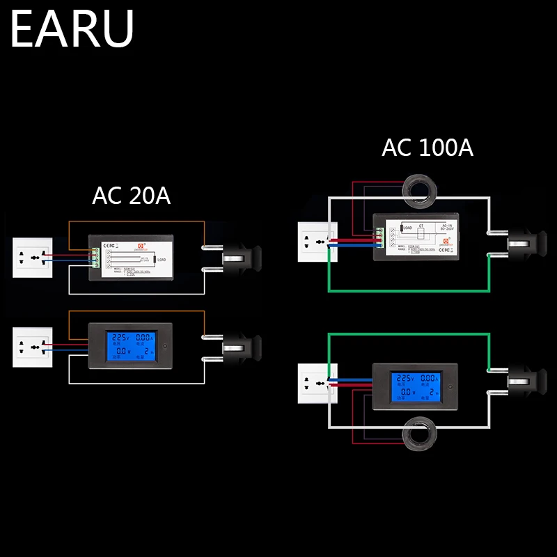 Измеритель мощности 100A 20A AC 80 ~ 260 В точный вольтметр амперметр кВт/ч Ватт счетчик
