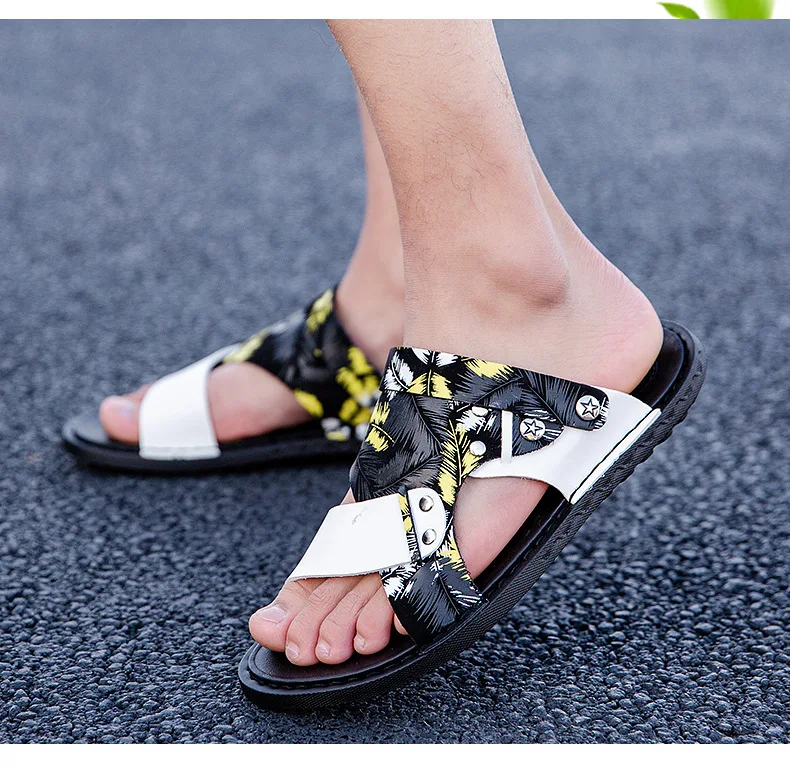 

Summer open-toed slippers men's printed leather flip flops casual fashion men's sandals and slippers shoes men leather slippers