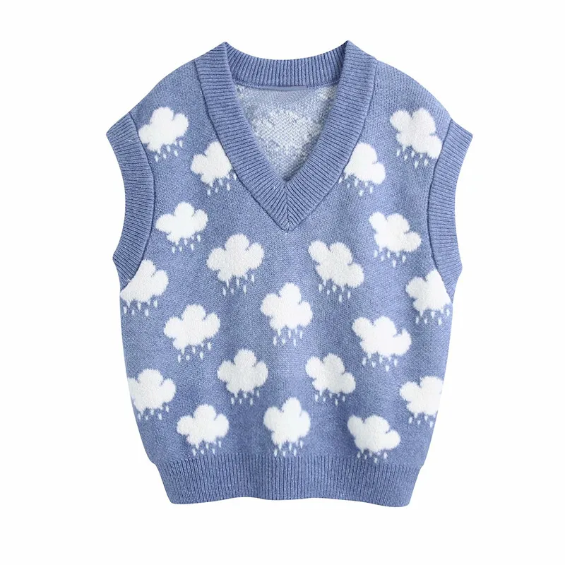 

Evfer Women Fashion Za Knitted Cloud Sprint Blue Pullover Vest Female Casual V-Neck Sleeveless Elastic Sweaters Girls Jumpers