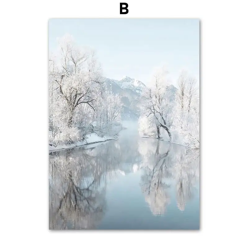 

Wall Art Canvas Painting Winter Snow Tree Forest Reindeer Lake Nordic Posters And Prints Wall Pictures For Living Room Decor