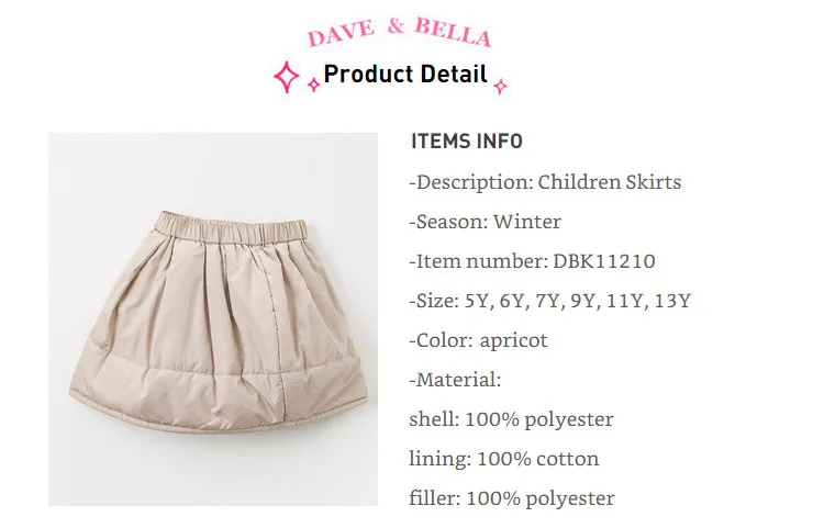 DBK11210 dave bella winter girls skirts casual solid children knee-length dance skirt kid's clothes