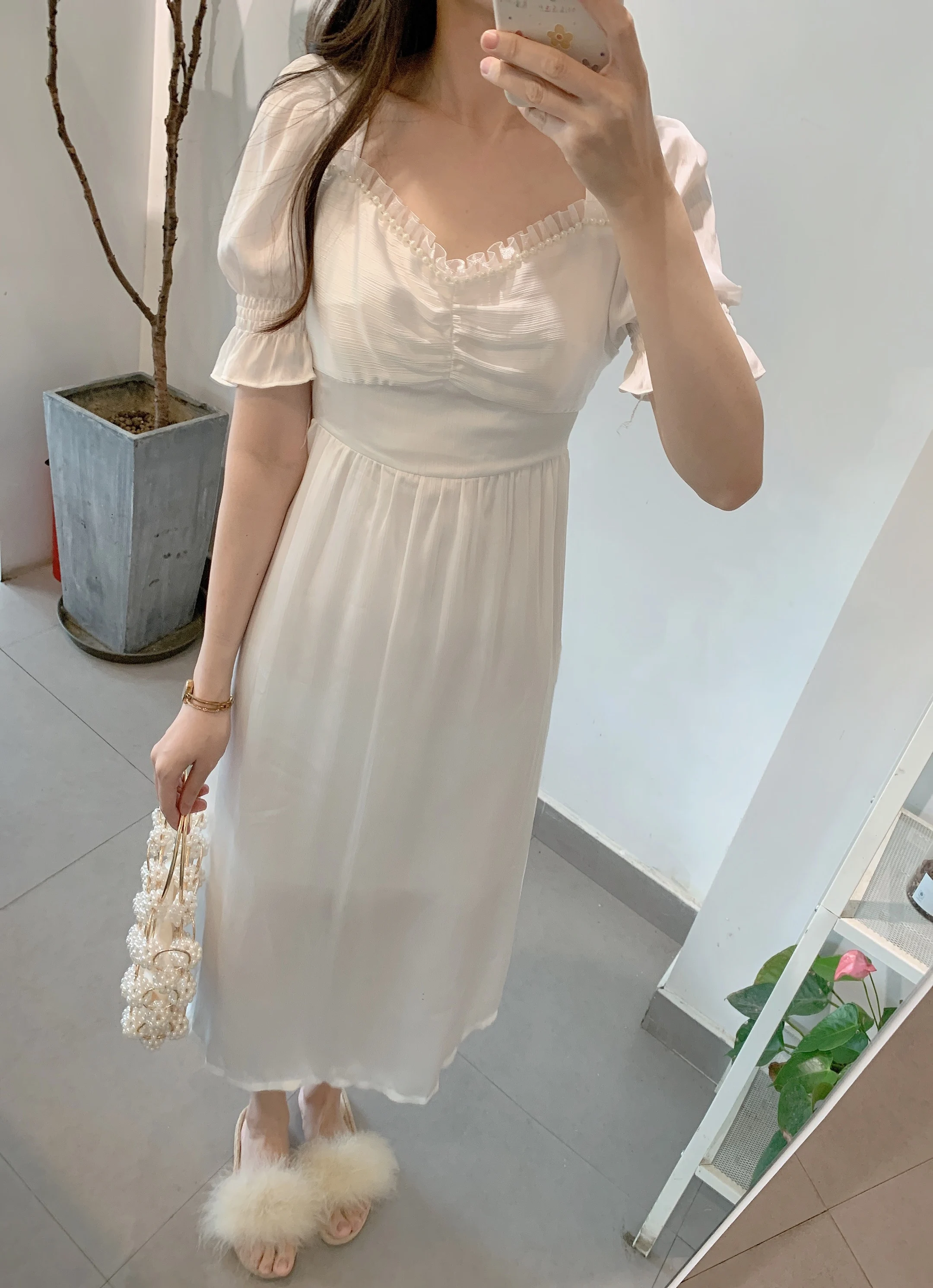 

French court style white fairy women dress 2020 summer vintage lace V-neck nail beading waist slim mid length dress