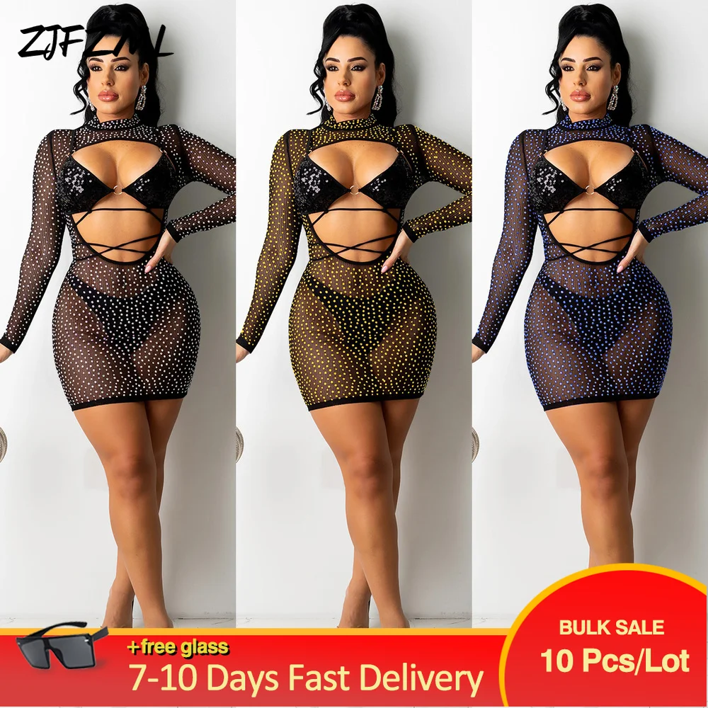 

Bulk Items Wholesale Lots Women's Clothing Sequin Slim Fit Bra Top+mesh Rhinestone Perspective Dress Hollow Out Suit No Brief