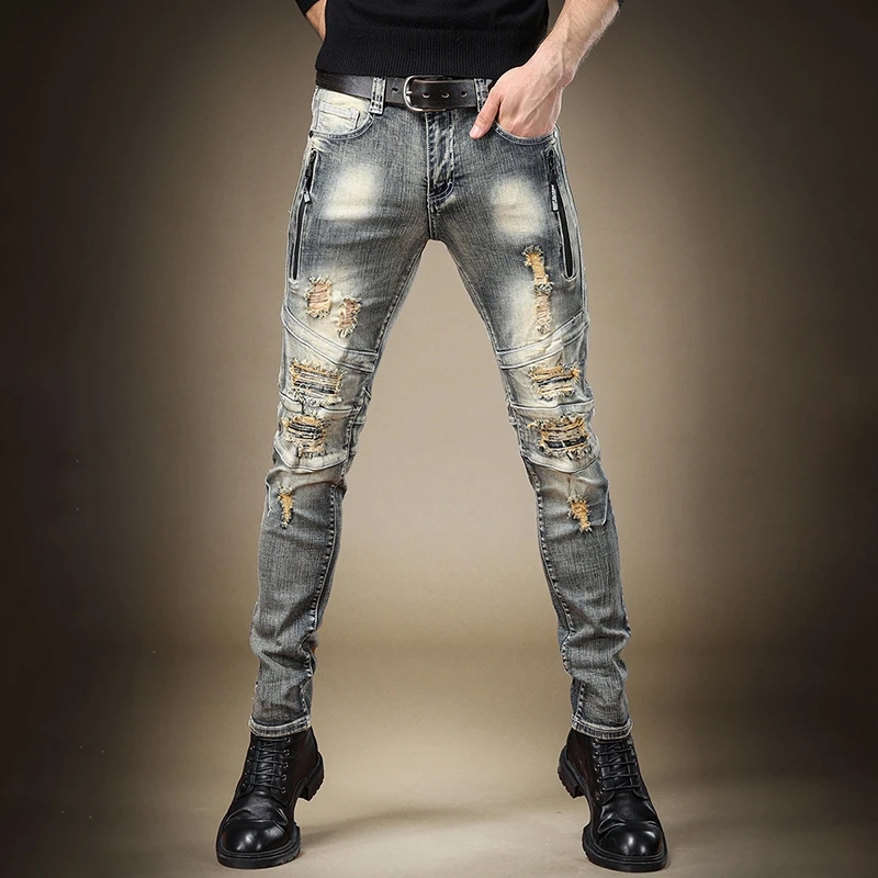 Free Shipping New male European American trend tide brand ripped jeans men's retro personality stitching motorcycle denim pants