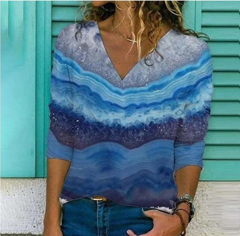 

2021 Spring Diamond Color Print Blouse Shirt Women Elegant V-Neck Long Sleeve Top Autumn Casual Loose Plus Size Streetwear Blusa
