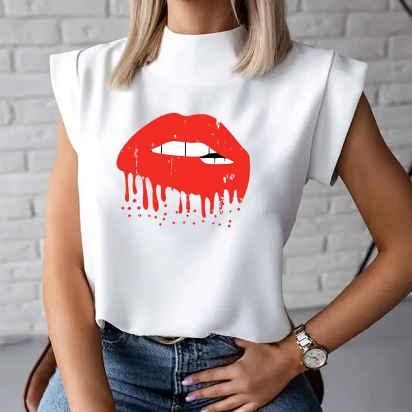 

2021 Fashion Women Elegant Lips Print Tops Blouse Shirts Summer Ladies Office Casual Stand Neck Pullovers Blusa Tops