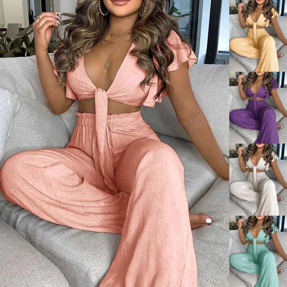 

80% Hot Sales!! Sexy Women Solid Color Loose Outfit Bow Tie Ruffle Sleeve Crop Top High Waist Wide Leg Pants Set for Summer