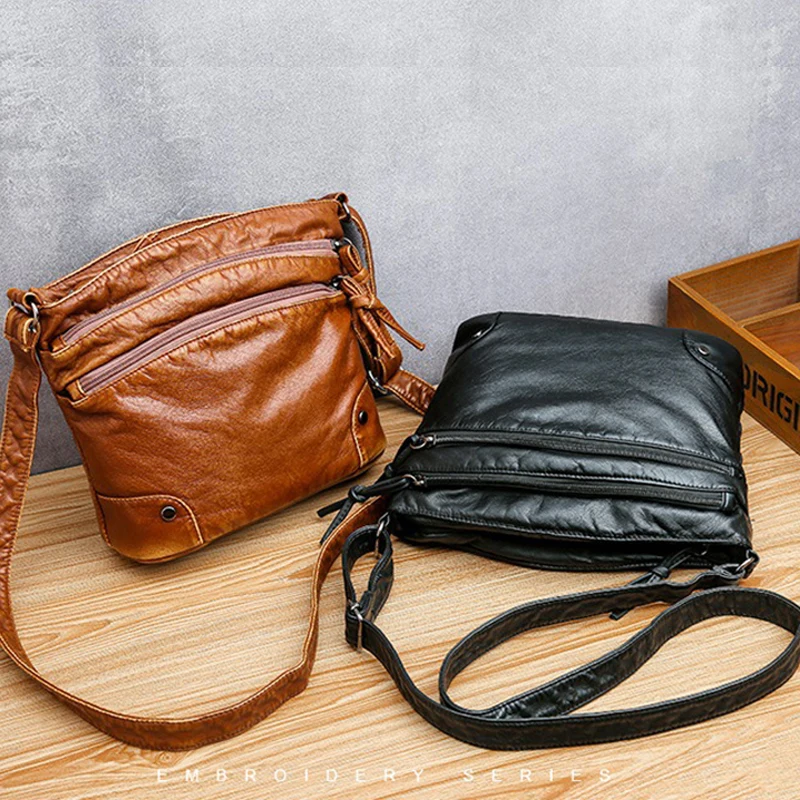 2021 Women Shoulder Messenger  Ladies Fold Over Small Bag Female Vintage Retro Soft PU Washed Leather Multi-Pocket Crossbody Bag