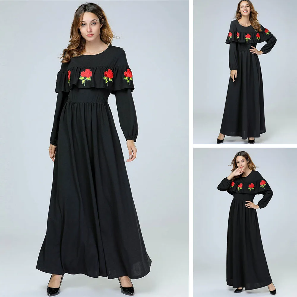 Турецкое этническое мусульманское длинное платье с рюшами и длинным рукавом, мусульманское женское платье с вышивкой, абайя, кафтан, Арабск...