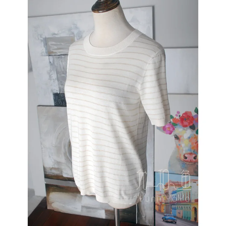 

Yunnyoyo Simple comfortable body inlaid with silver wire stripes women's spring and summer knitted 100 wool Pullover T-shirt~