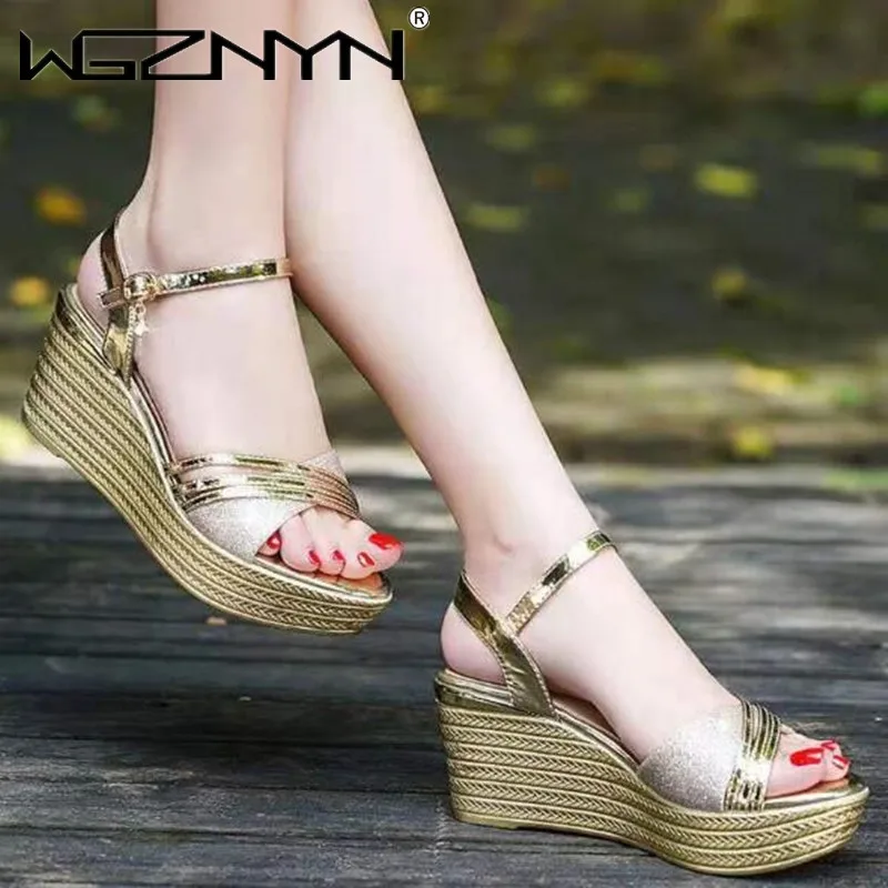 

2021 Summer New Slope Heel Sandals High Heeled Shoes One Line Buckle Gold Versatile Platform Fish Mouth Women's Open Toe Shoes