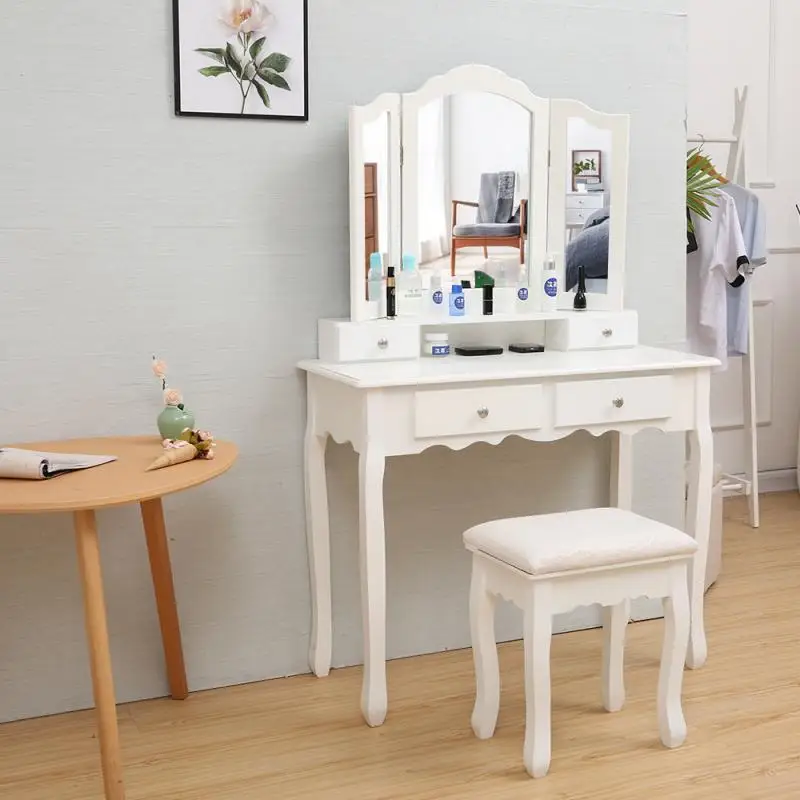 

Туалетный столик с 3 зеркалами, 4 ящика, 1 стул, комплект для макияжа, стул и стол, мебель, туалетный столик для макияжа, туалетный столик HWC