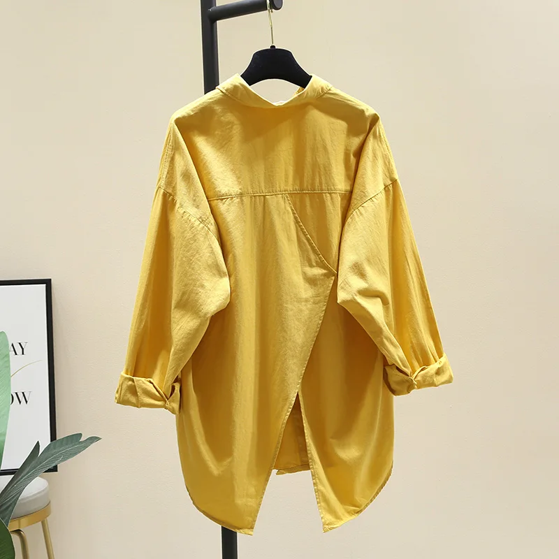 

SuperAen New Design Yellow Shirts Autumn 2021 Solid Loose Casual Turn Down Collar Full Jacket Womens Tops