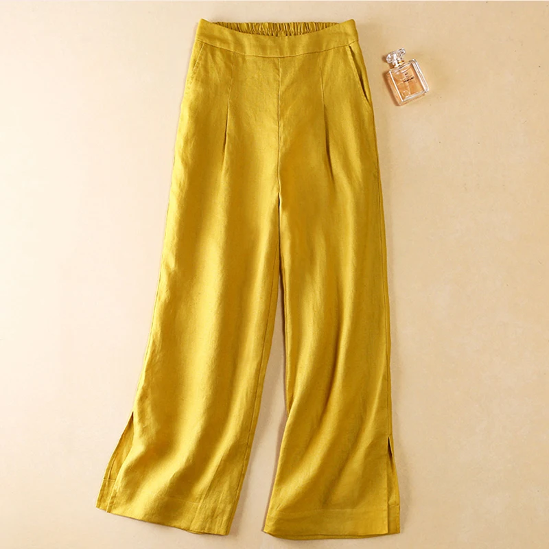 

Elastic High Waist side Slit Linen Wide Leg Pants Women Vintage Loose Casual Pants Classic Large Size Ankle-Length Trousers