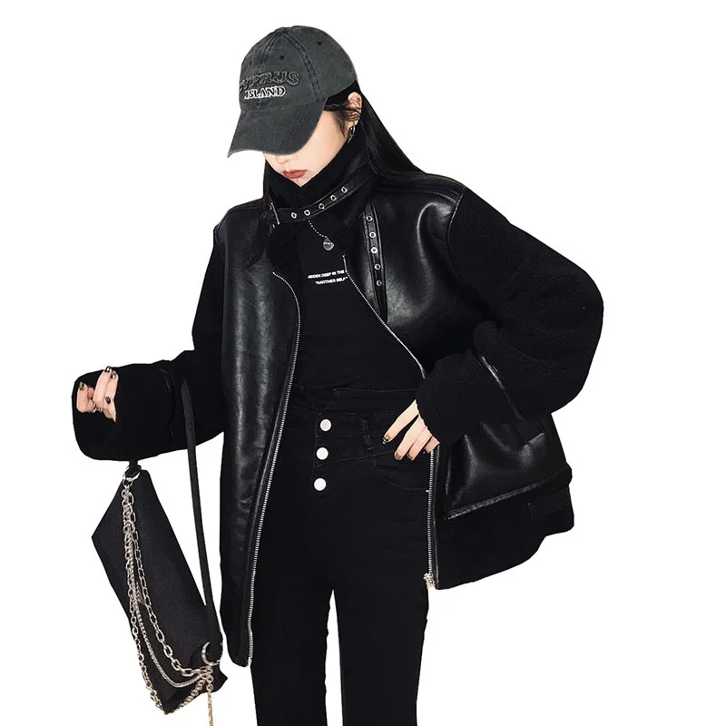 

SHZQ модная женская зимняя кожаная куртка, женское элегантное свободное приталенное пальто со стоячим воротником, новая Толстая теплая куртк...