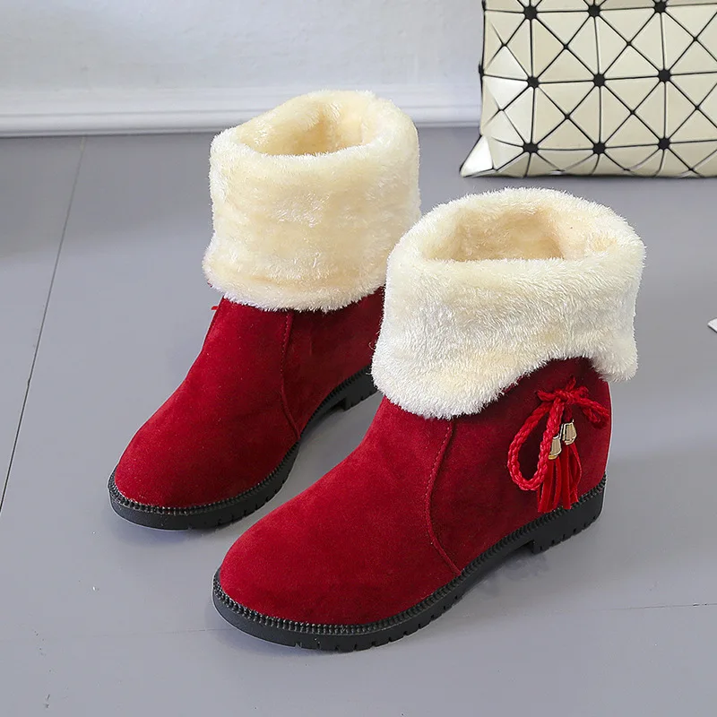 

Warm wool Boots women Suede Female Ankle Boot Fashion shoes Square heel Female Fashion Butterfly-knot Slip-On Black boots 54b