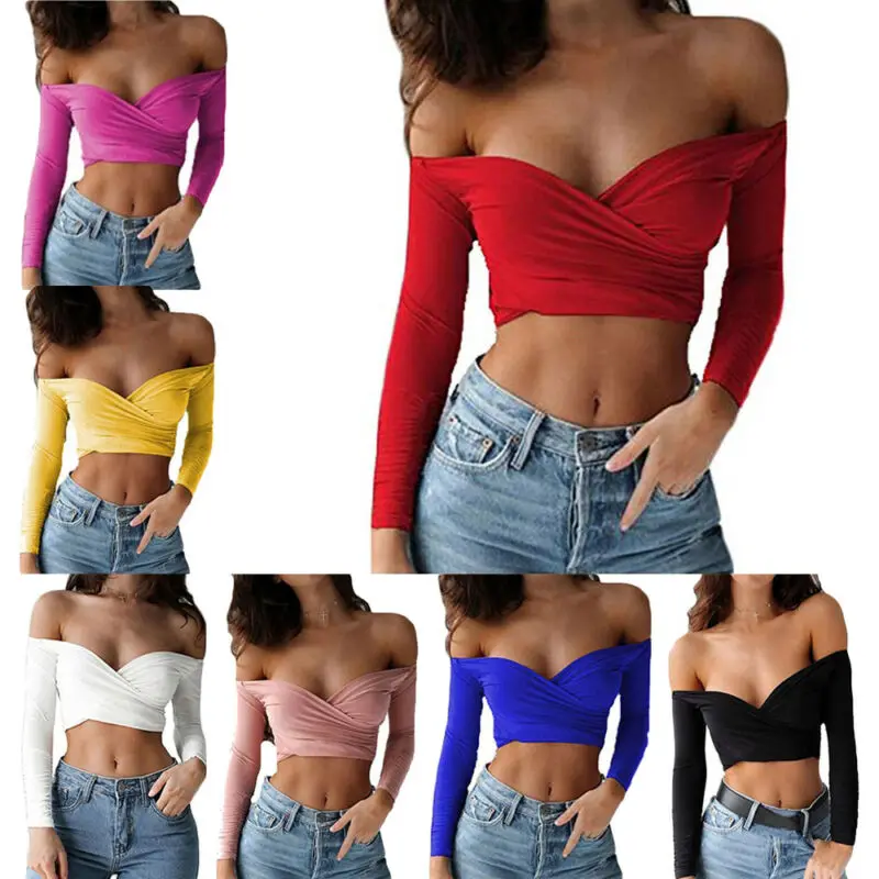 Женская блузка с открытыми плечами V образным вырезом и длинным рукавом|Блузки| |