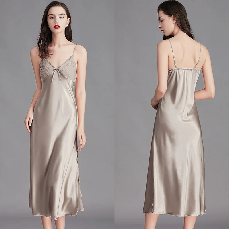 

2021 Solid Plus Size M-3XL Long Pajamas Deep V Neck Sexy Women Night Dress Gown Black Soft Silk Summer Autumn Thin Sleepwear
