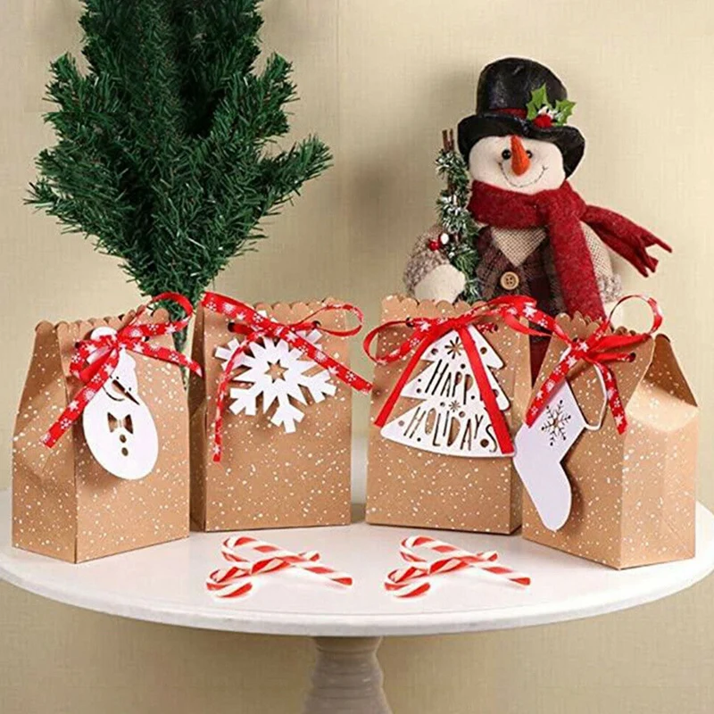 

24Pcs Kraft Paper Bag Envelope Biscuit Packaging Box Christmas Hanging Card Snowflake White Dot Kraft Paper Candy Bag