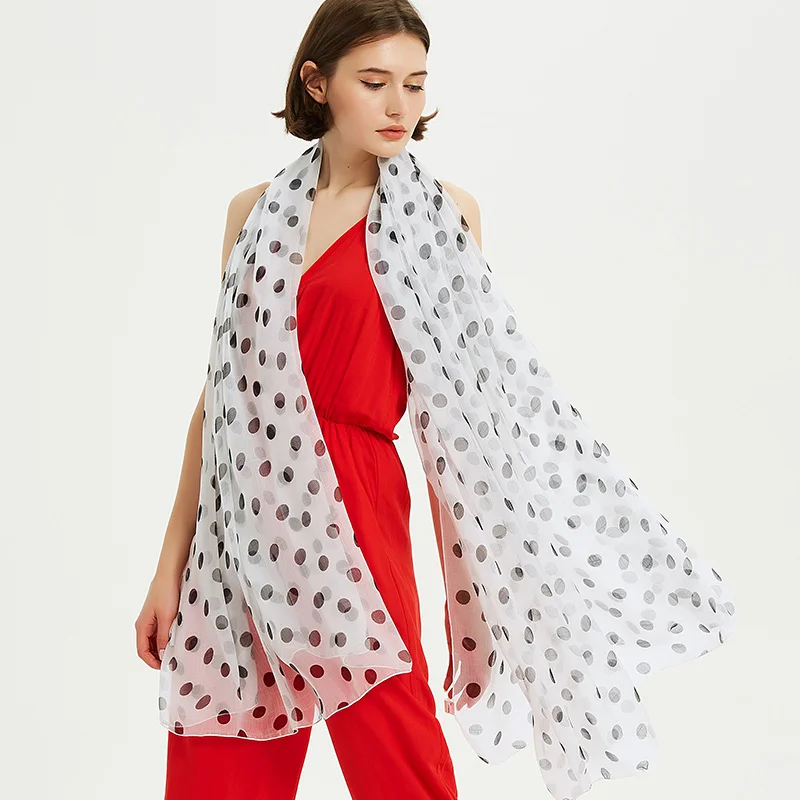 Белый шарф в горошек Женский Дикий Весна и осень длинный Летний Пляжный