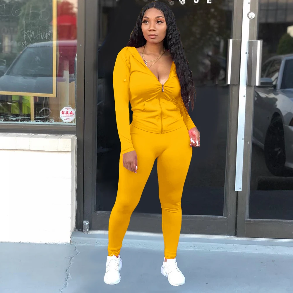 

7 Colors 2020 New Fashion Women Sports Two-piece Clothes Outfit Solid Color Zipper Hooded Top Long Pants