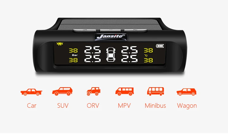 Vtopek Car TPMS 4 Tyres Car Tire Pressure Monitoring System Wireless Auto Alarm USB or Solar Charging HD Digital LCD Display