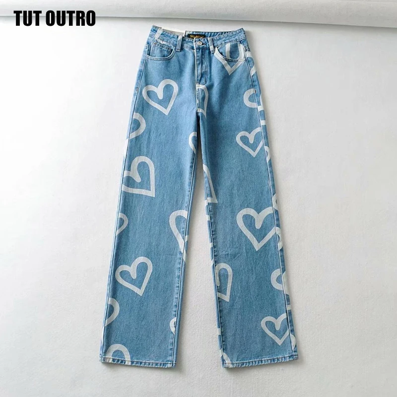 

Four Seasons Long Jeans Wide Leg Pants Ladies Love Print Zipper Button Pockets High Waist Denim Trousers Women's Jeans Plus Size