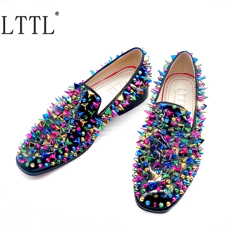 LTTL Black Patent Leather Multicolor Spikes Loafers Men Dress Shoes Handmade Slip On Designer Brand Rivets Casual | Обувь