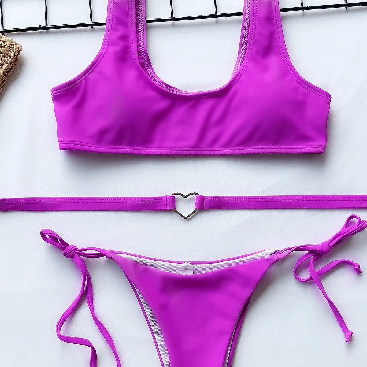 Love ring belt women sexy thong bikini bandage purple solid swimwear low waist female swimsuit lovely ties swimmingsuit