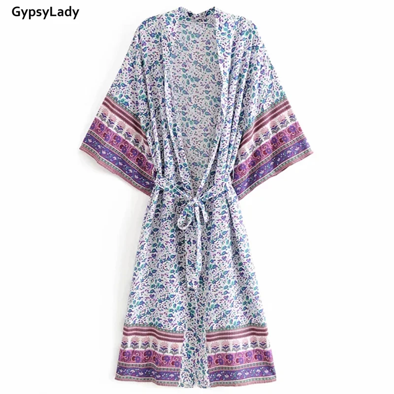 GypsyLady Винтаж кимоно Boho Блузы с цветочным принтом Для женщин длинный кардиган chic