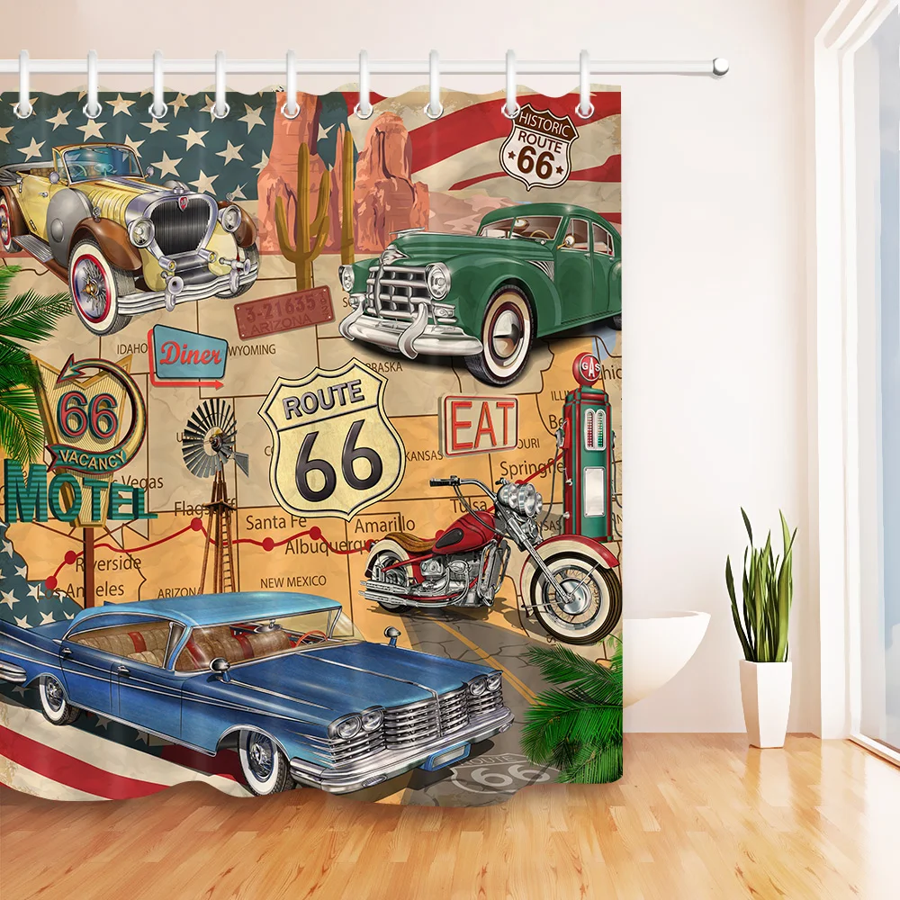 lb retro trip car motorcycle historic shower curtain route 66 liner bath screens set bathroom curtains fabric for bathtub decor free global shipping