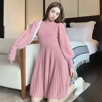 2021 new knitted sweater dress women korean sweet vestidos long sleeve button casual pull mini dress mid length solid color