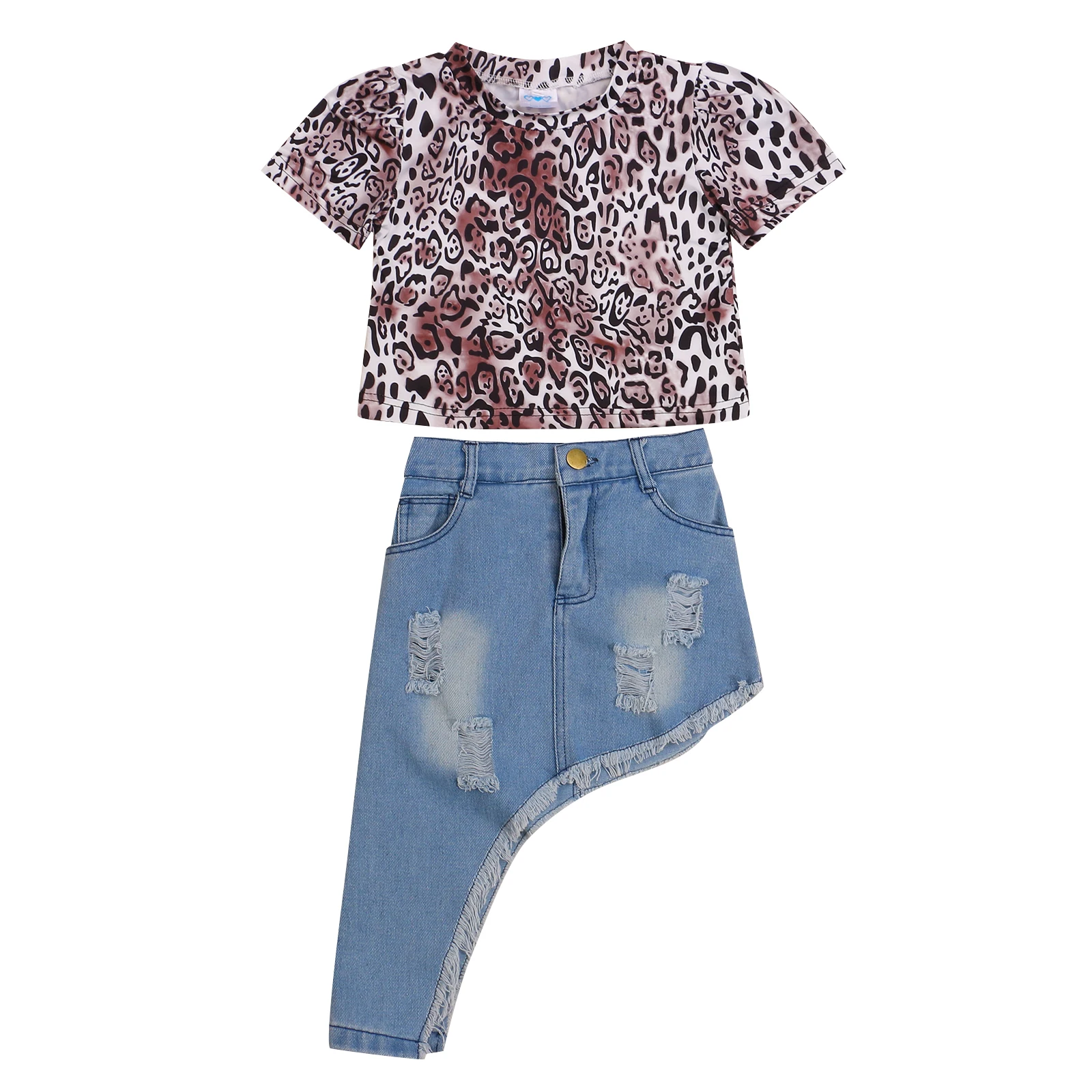 

Костюм для девочек из двух предметов, модная футболка с коротким рукавом и рваная джинсовая юбка