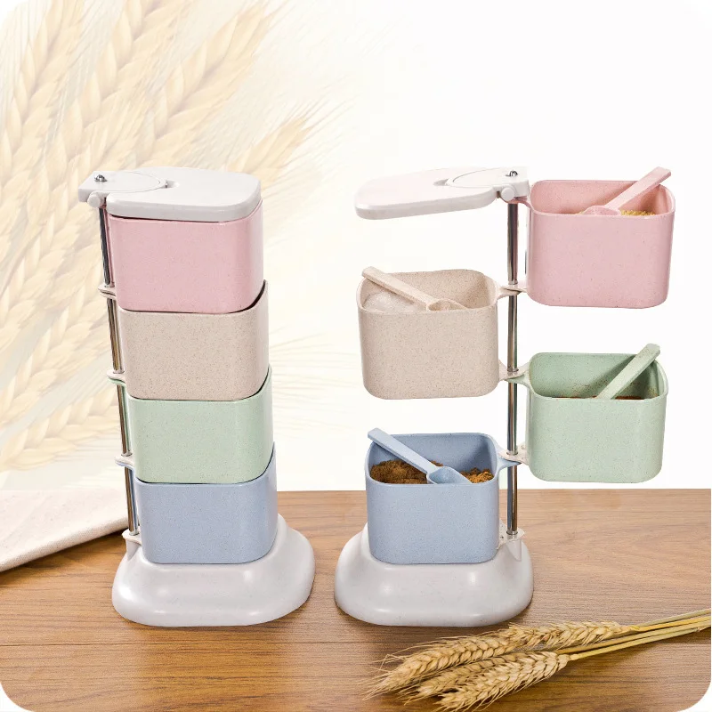 

Seasoning Box Storage Rack Natural Environmentally Wheat Straw Rotatable Four Grid With Spoon Seasoning Jar