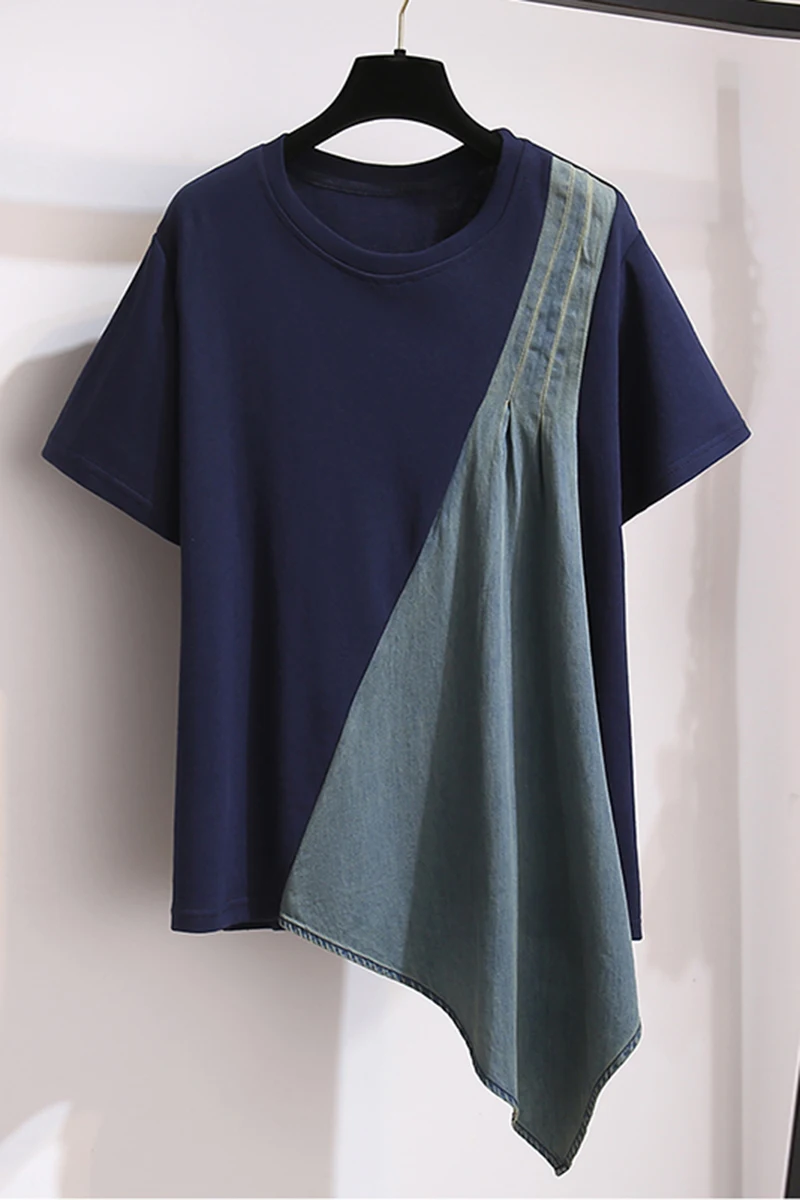 

Plus size women's 2021 summer new fat sister irregular denim stitching short-sleeved T-shirt loose round neck top