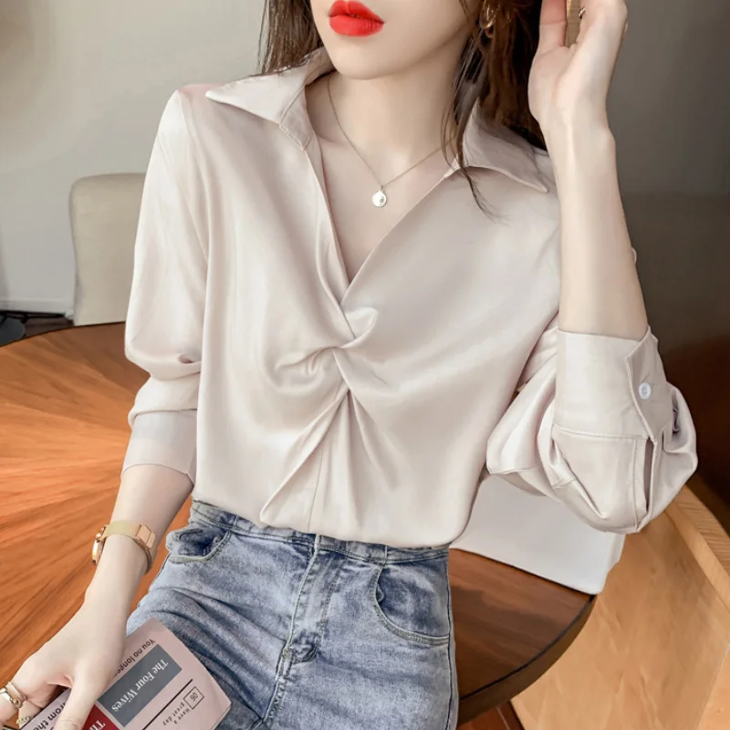 

2021 spring new fashion western style shirt long-sleeved chiffon shirt casual v-neck blouse women summer Silk Polyester