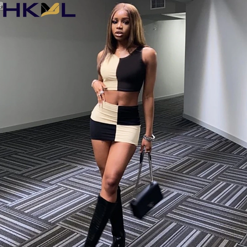 

Summer New 2021 Woman Outfit Sleeveless Patchwork Crop Top Sexy Mini Skirt Rave Outfit Clothes