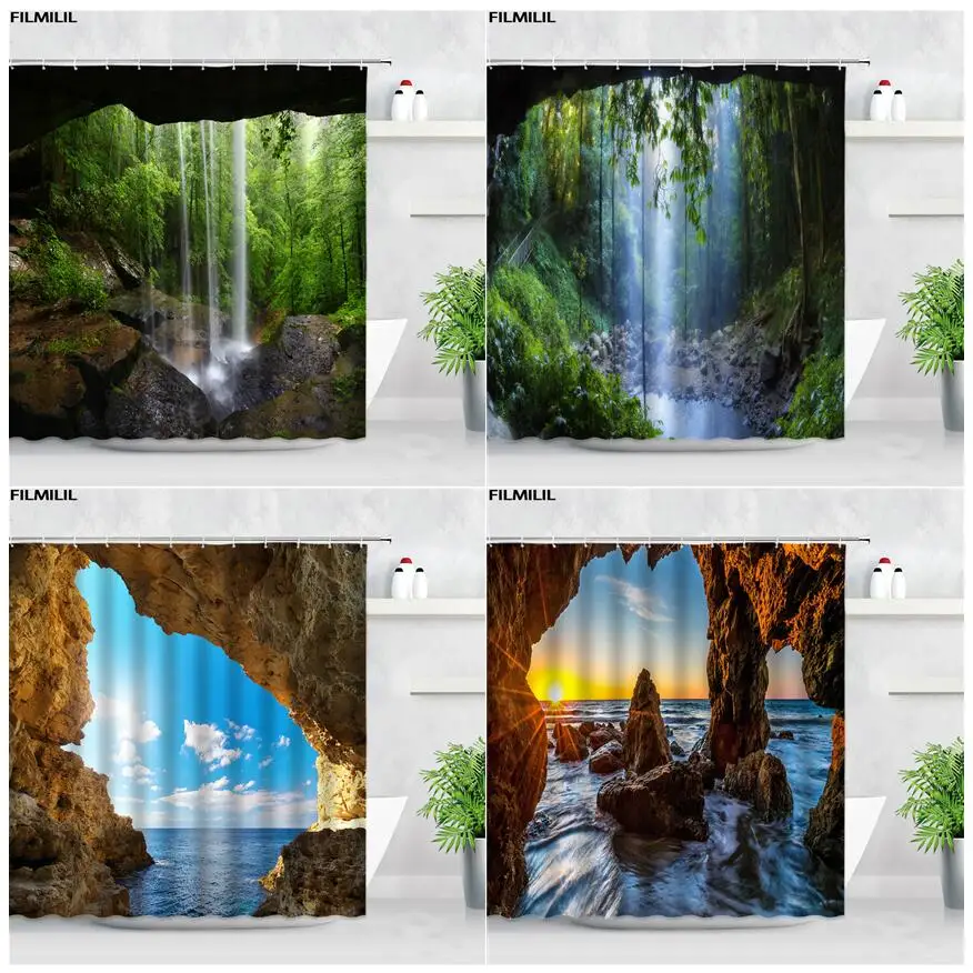 

Forest Cave Waterfall Ocean Scenery Shower Curtains 3D Green Plants Natural Landscape Home Decor Bathroom Polyester Bath Curtain