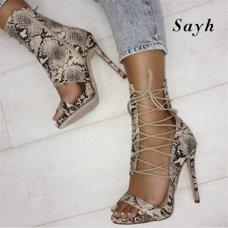 

Women Lace Up Pumps Suede 11cm Stilettos Zip Sexy Roma High Heel Ankle Strap Snake Print Sandals Sexy Party Female Boots